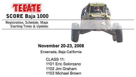 SCORE International lists Desert Dingo Racing as 1102 for the 2008 Baja 1000